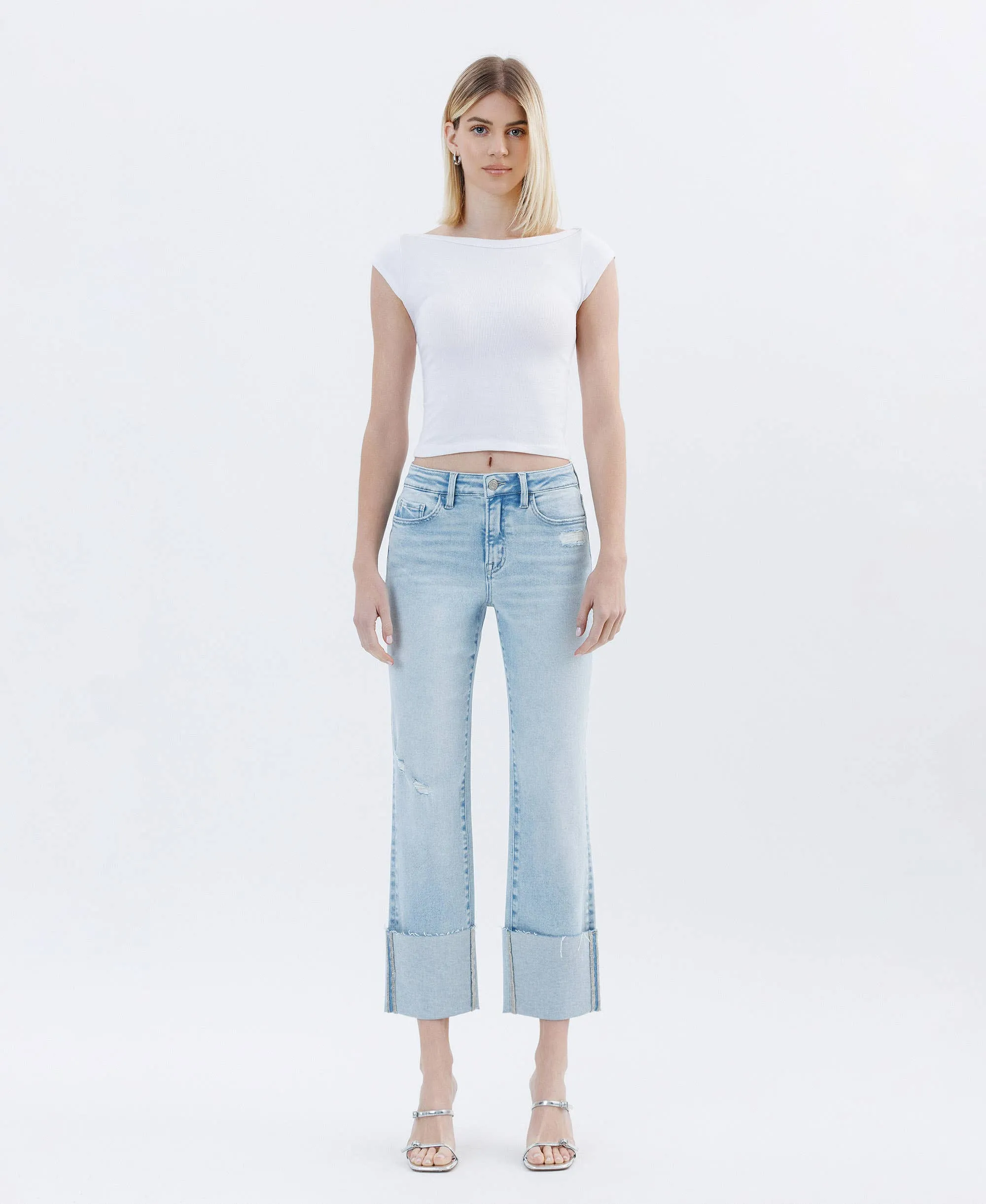 High Rise Cuffed Crop Straight Jeans