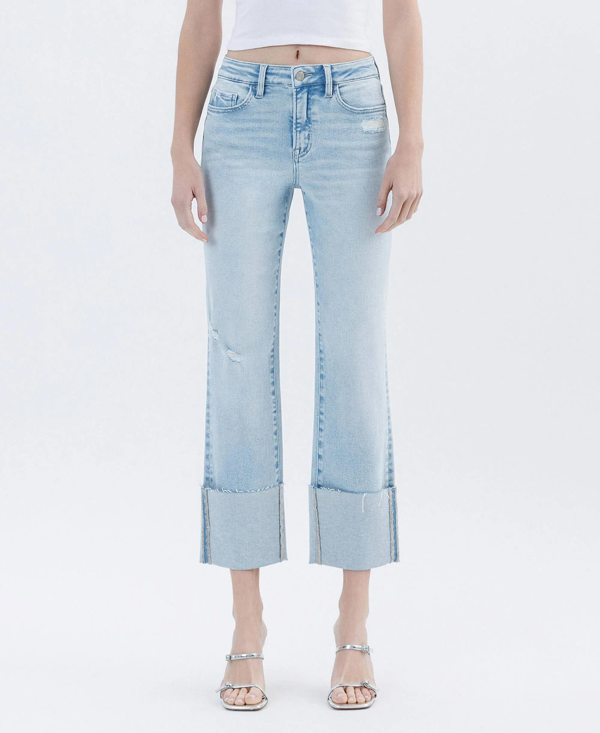 High Rise Cuffed Crop Straight Jeans