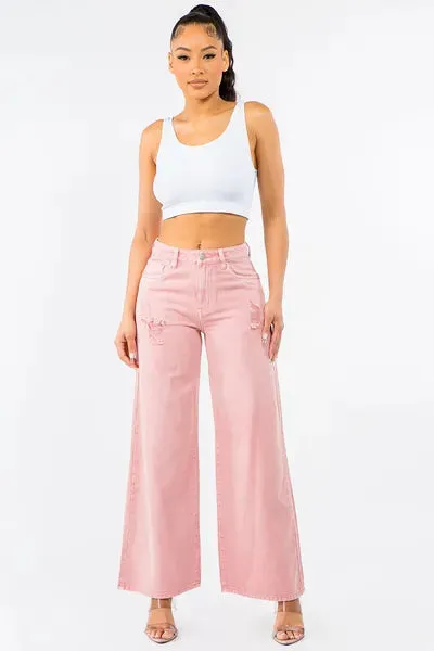 HIGH WAISTED WIDE LEG DISTRESSED JEANS