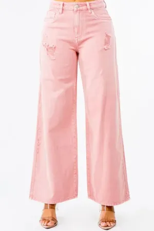 HIGH WAISTED WIDE LEG DISTRESSED JEANS