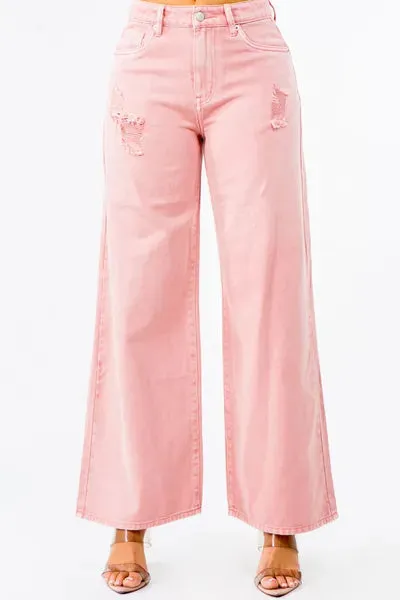 HIGH WAISTED WIDE LEG DISTRESSED JEANS