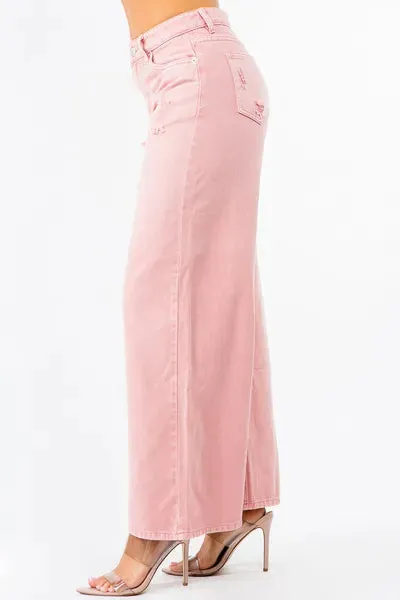 HIGH WAISTED WIDE LEG DISTRESSED JEANS