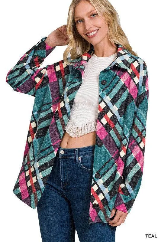 Jacquard Plaid Shacket with Pockets