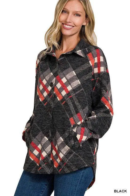 Jacquard Plaid Shacket with Pockets