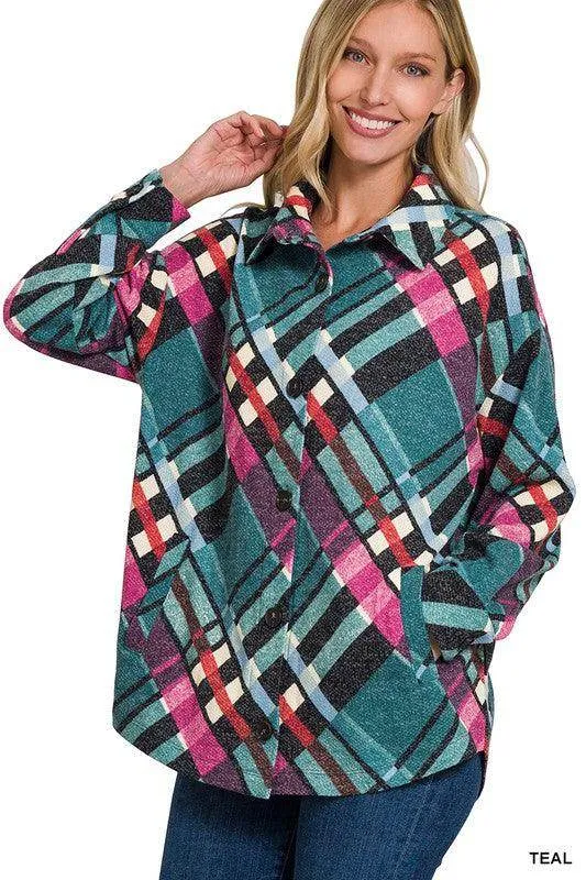 Jacquard Plaid Shacket with Pockets