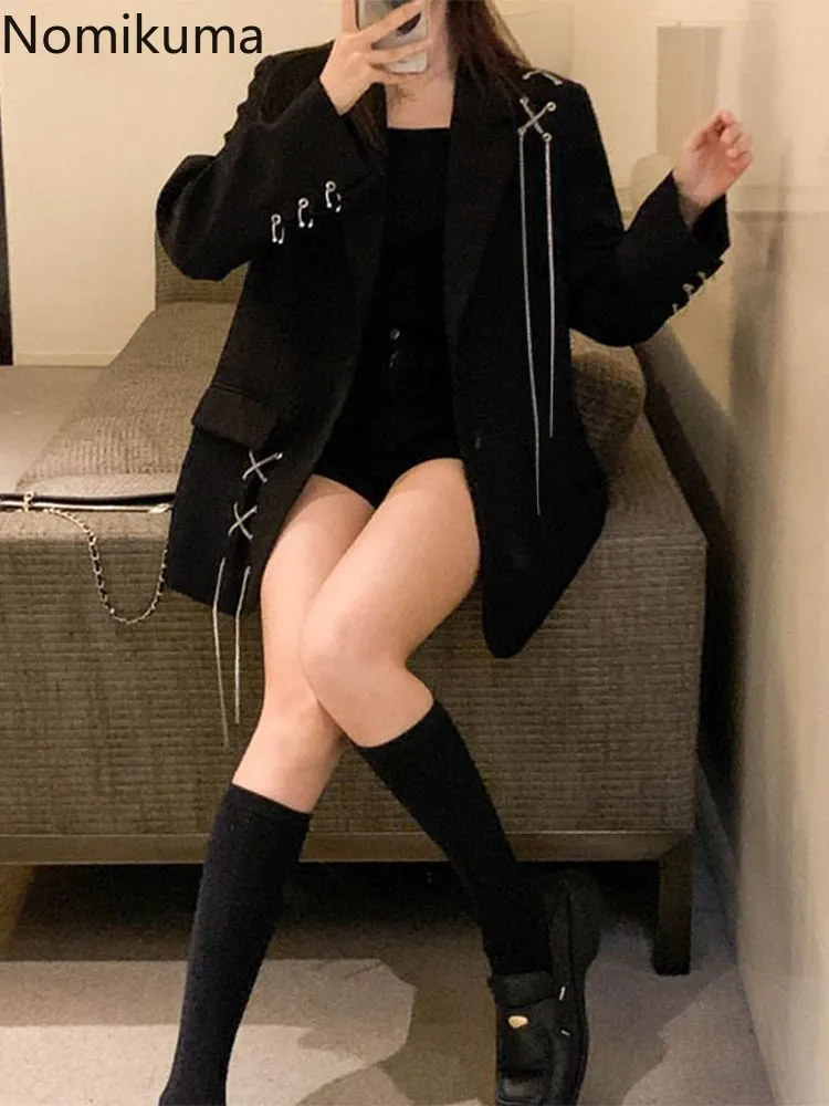 JazzHer Black Blazer Women Clothing 2025 Ropa Mujer Streetwear Temperament Y2k Jackets Casual Fashion Bandage Korean Oversized Coats