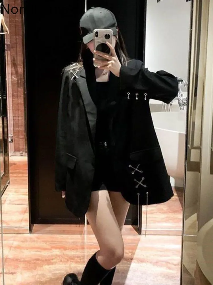 JazzHer Black Blazer Women Clothing 2025 Ropa Mujer Streetwear Temperament Y2k Jackets Casual Fashion Bandage Korean Oversized Coats