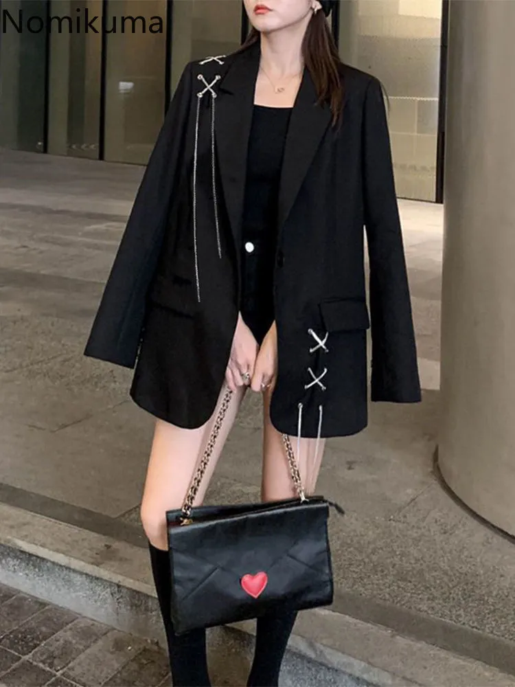JazzHer Black Blazer Women Clothing 2025 Ropa Mujer Streetwear Temperament Y2k Jackets Casual Fashion Bandage Korean Oversized Coats