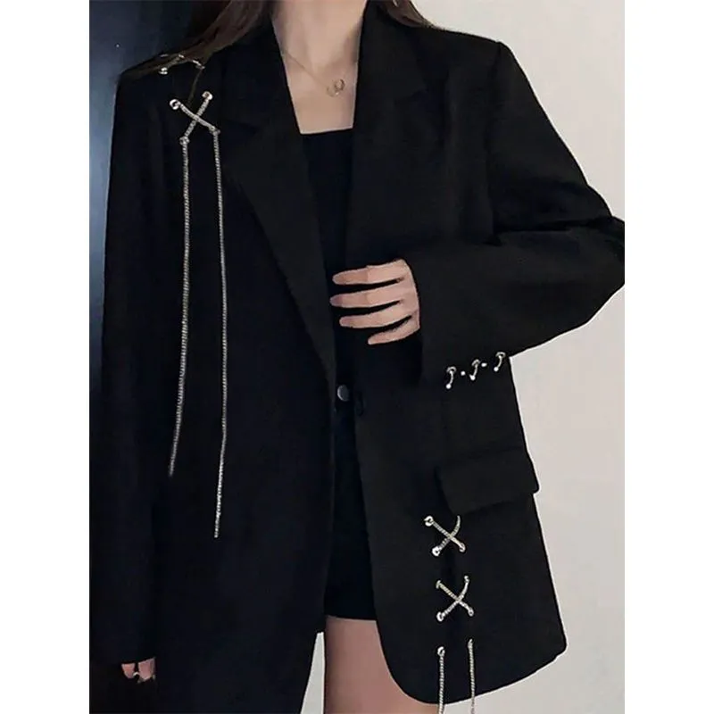 JazzHer Black Blazer Women Clothing 2025 Ropa Mujer Streetwear Temperament Y2k Jackets Casual Fashion Bandage Korean Oversized Coats