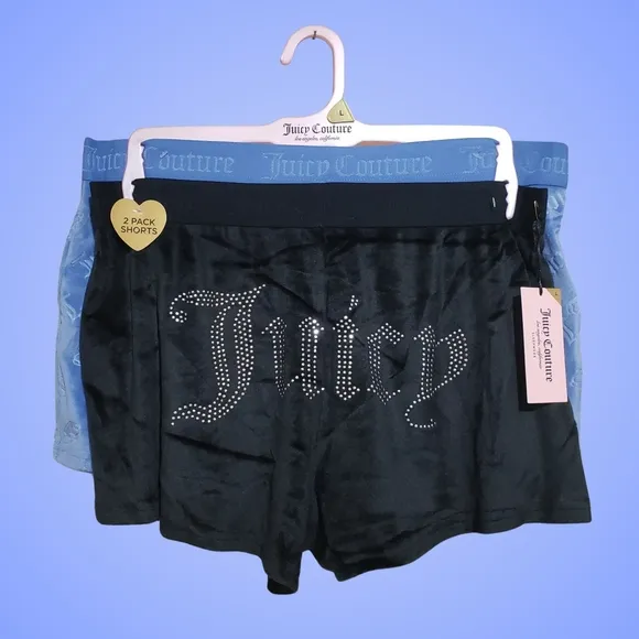 JUICY COUTURE Sleepwear Velour Lounge Shorts 2 Pairs Large Black/Blue NWT 👑