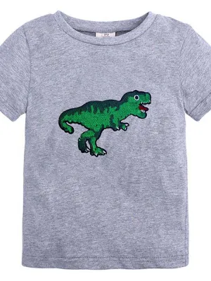 Kids Sequin Dinosaur Grey T-Shirt