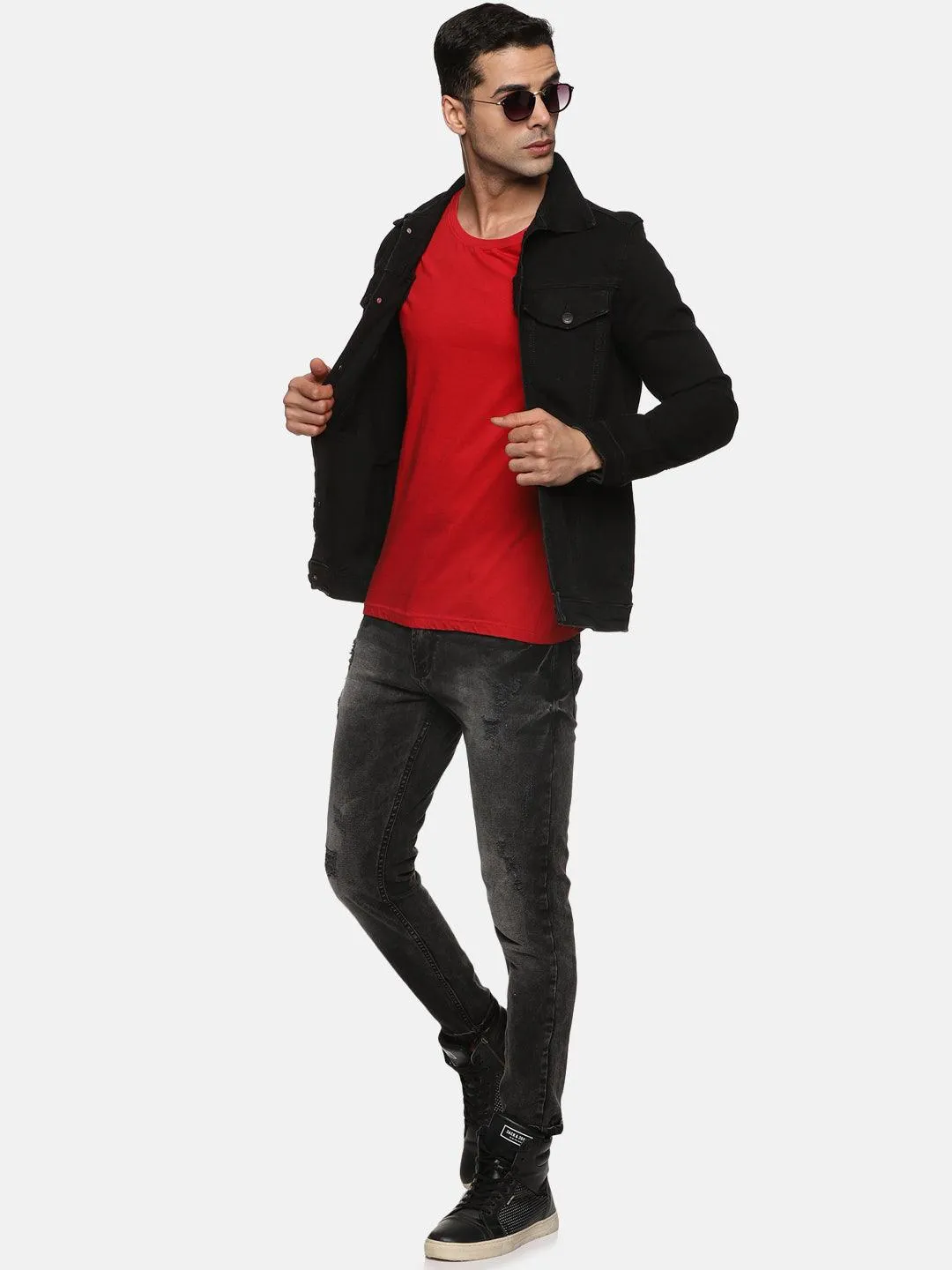 Kultprit Men's Black Denim jacket with back embroidery / Print