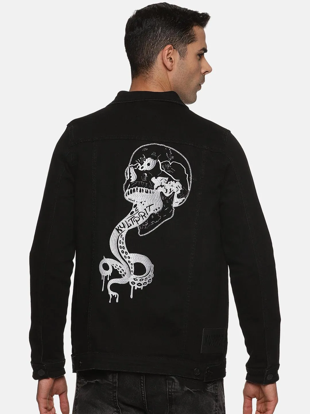 Kultprit Men's Black Denim jacket with back embroidery / Print