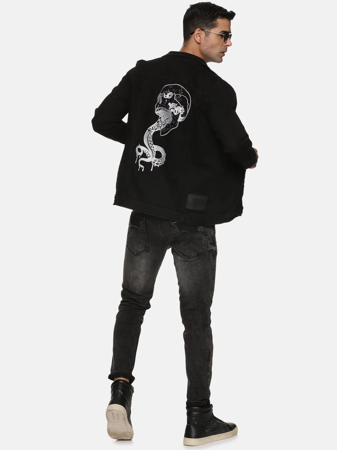 Kultprit Men's Black Denim jacket with back embroidery / Print
