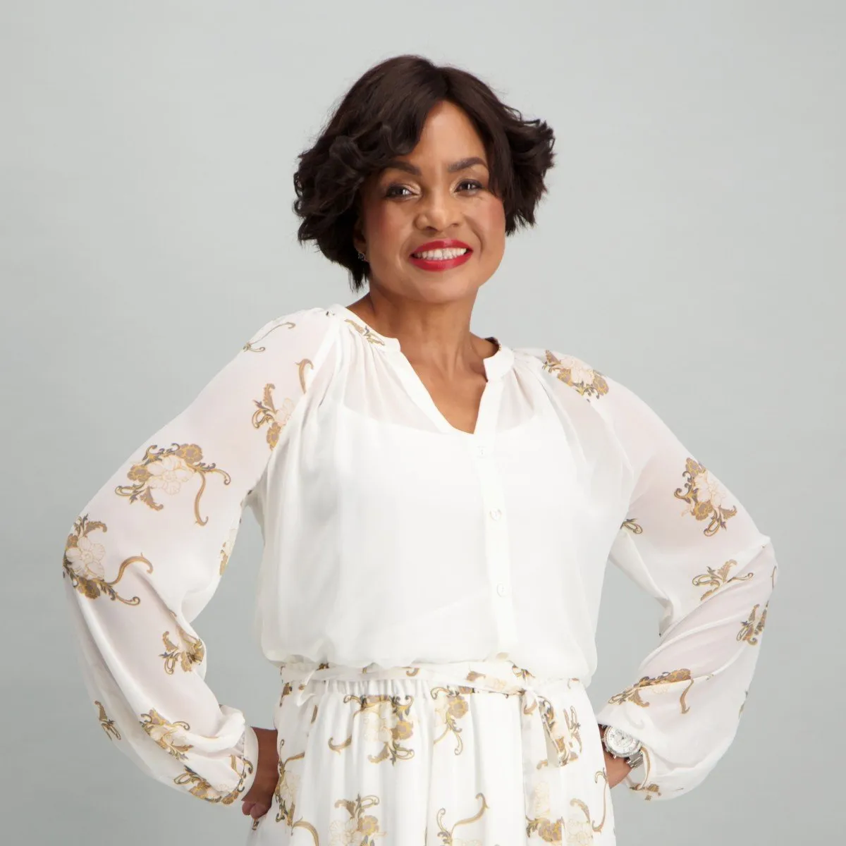 Ladies Print Button Down Blouse - White