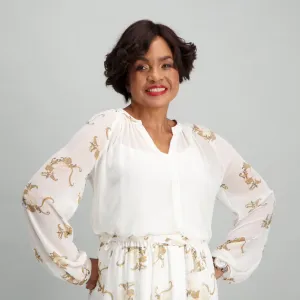 Ladies Print Button Down Blouse - White