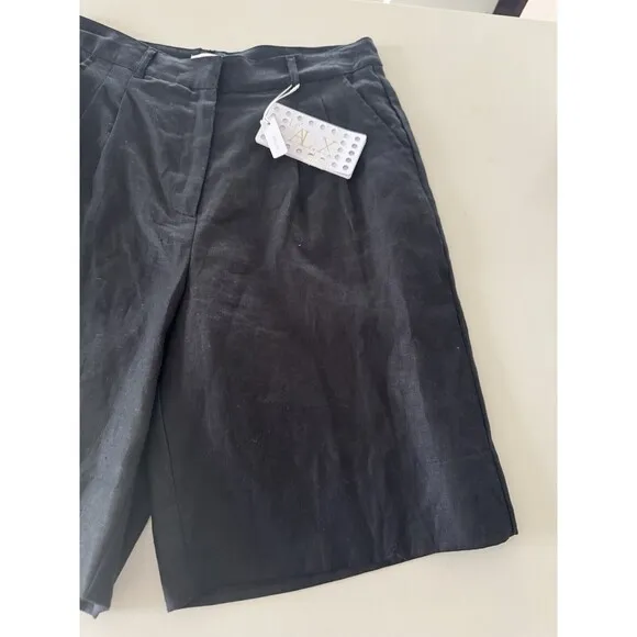 Le' AL.X High Rise Bermuda Trouser Shorts BLACK LONG SHORTS 100% Linen size 12
