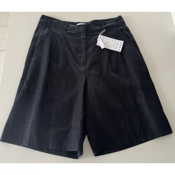 Le' AL.X High Rise Bermuda Trouser Shorts BLACK LONG SHORTS 100% Linen size 12