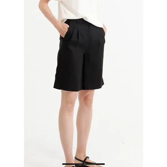 Le' AL.X High Rise Bermuda Trouser Shorts BLACK LONG SHORTS 100% Linen size 12