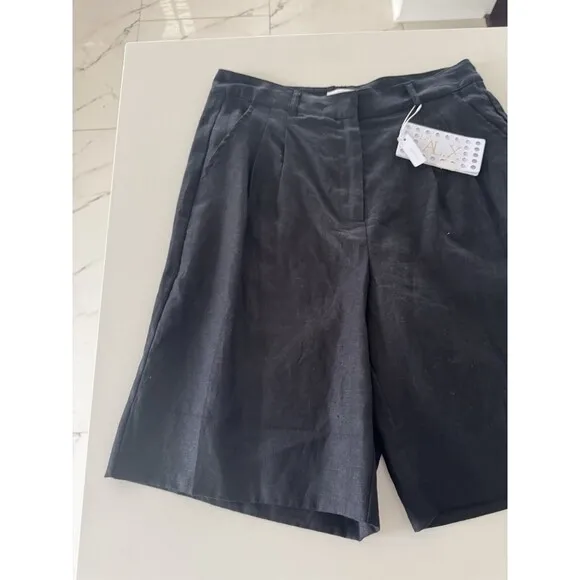 Le' AL.X High Rise Bermuda Trouser Shorts BLACK LONG SHORTS 100% Linen size 12