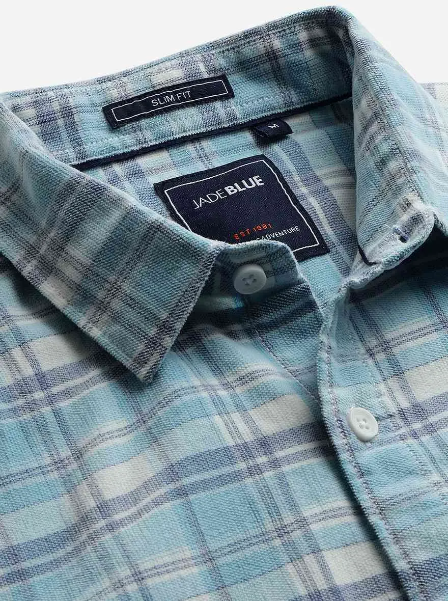 Light Blue Checked Slim Fit Casual Shirt | JadeBlue