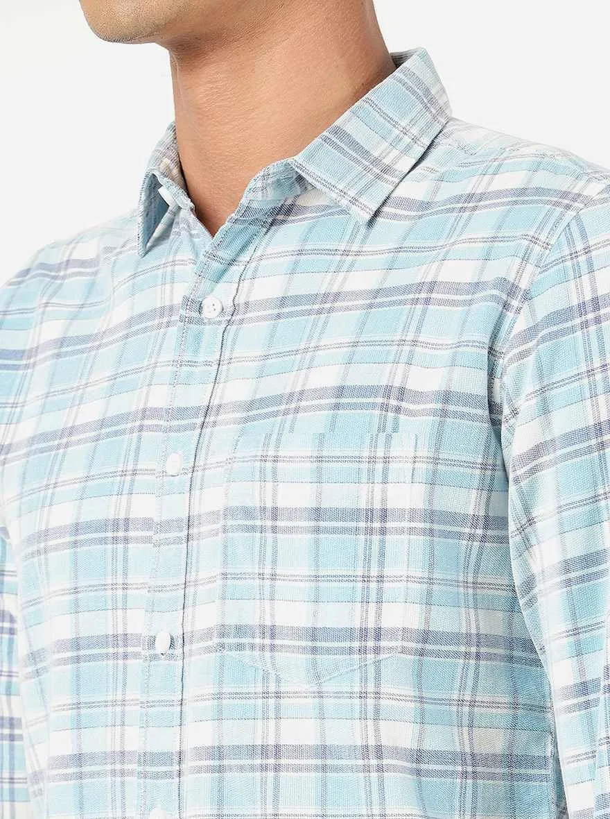 Light Blue Checked Slim Fit Casual Shirt | JadeBlue