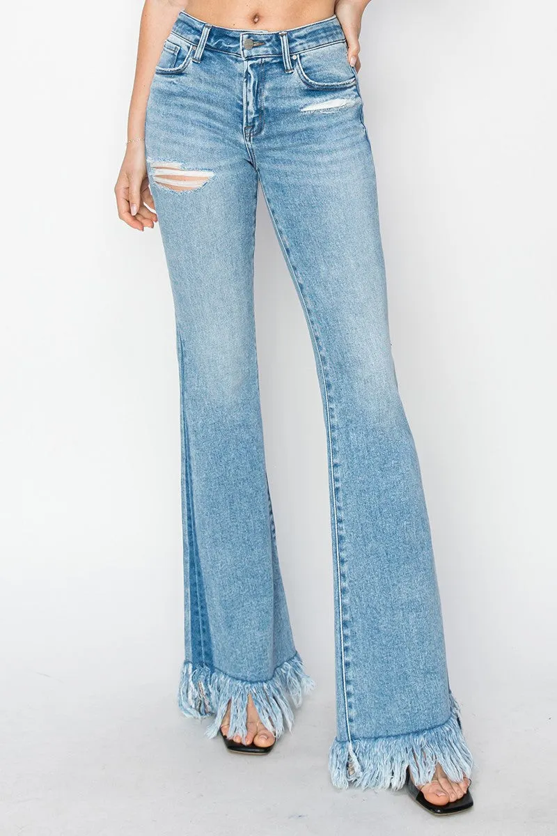 Light Mid Rise Flare Long Fray Risen Jeans 12/23/24 9386