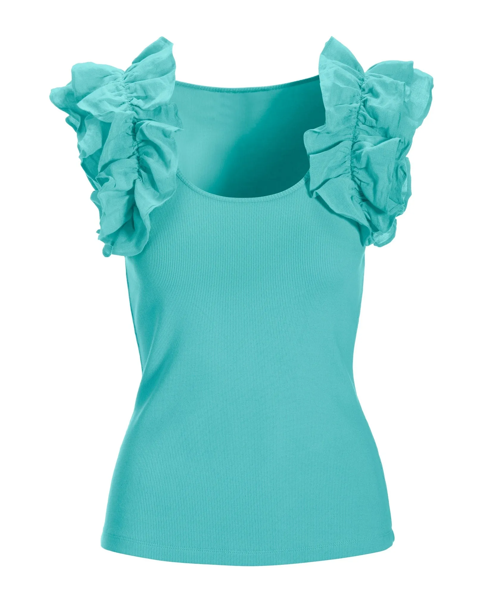 Linen Ruffle Ribbed Top Blue Radiance