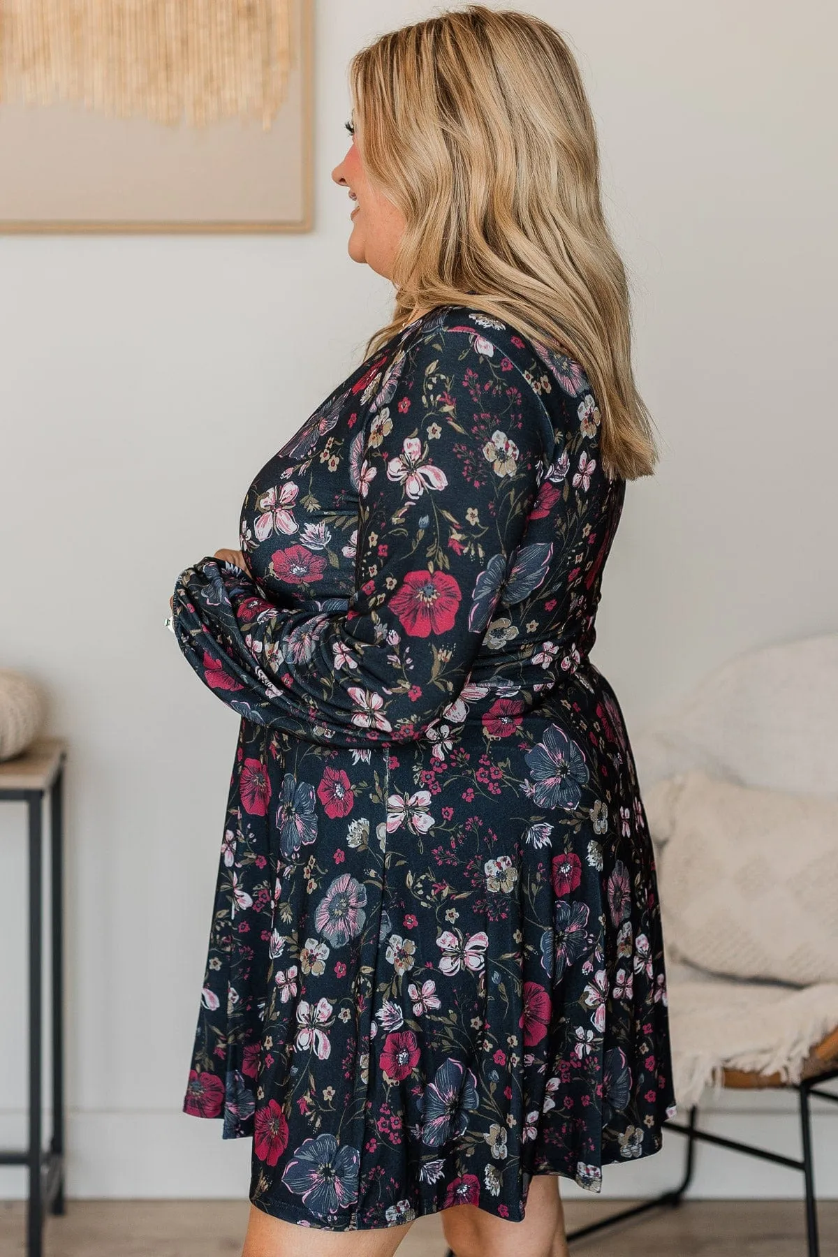 Living Easy Long Sleeve Floral Dress- Navy