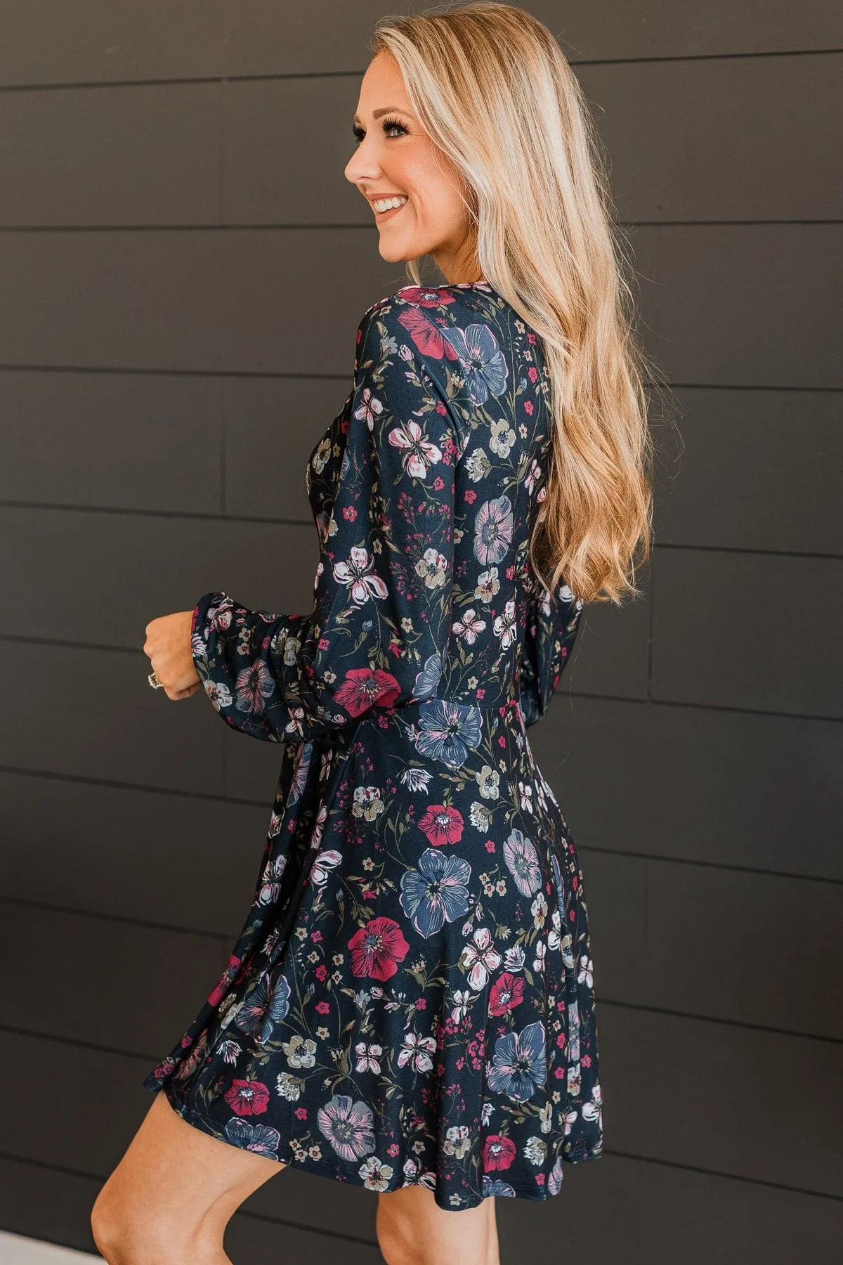 Living Easy Long Sleeve Floral Dress- Navy