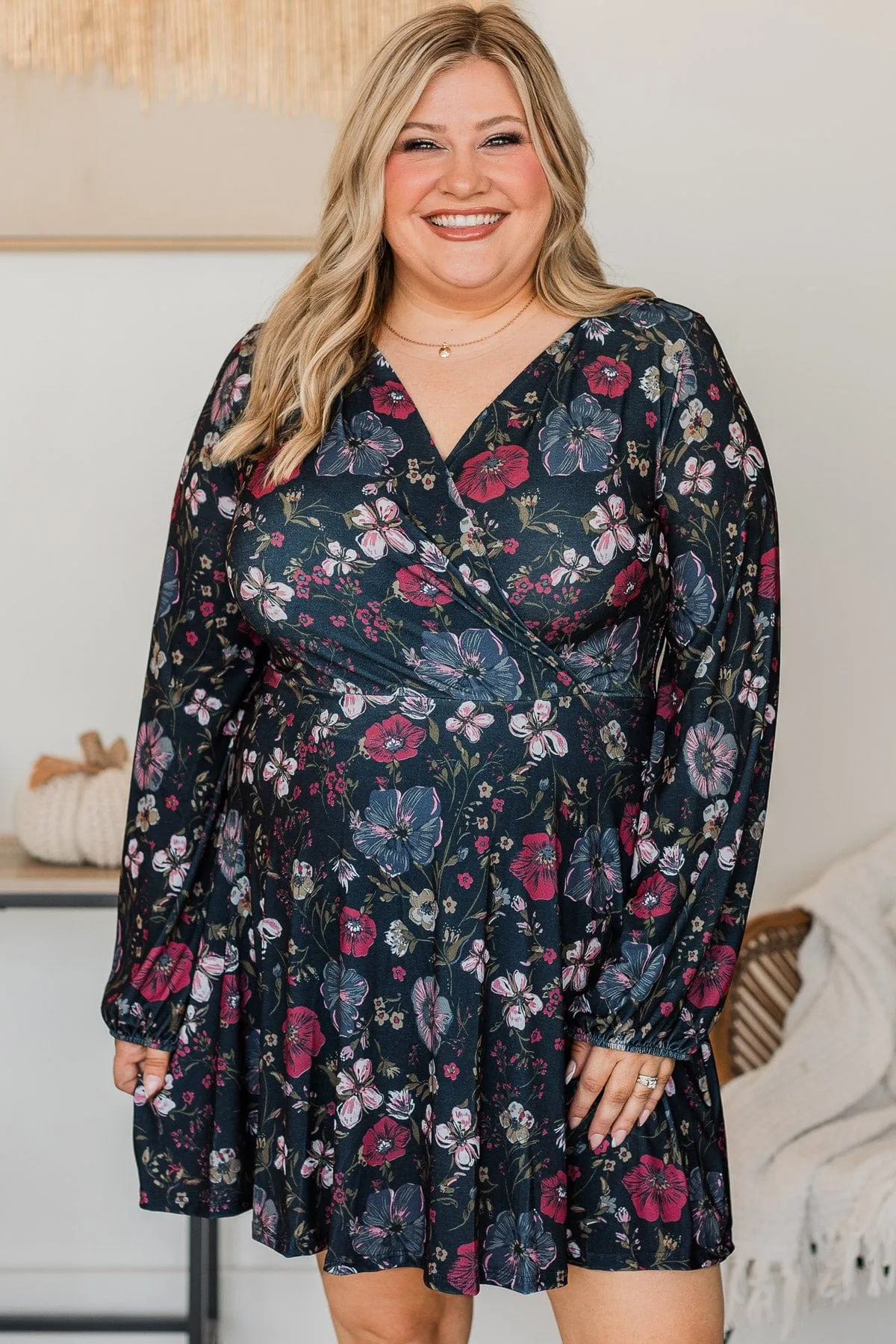 Living Easy Long Sleeve Floral Dress- Navy