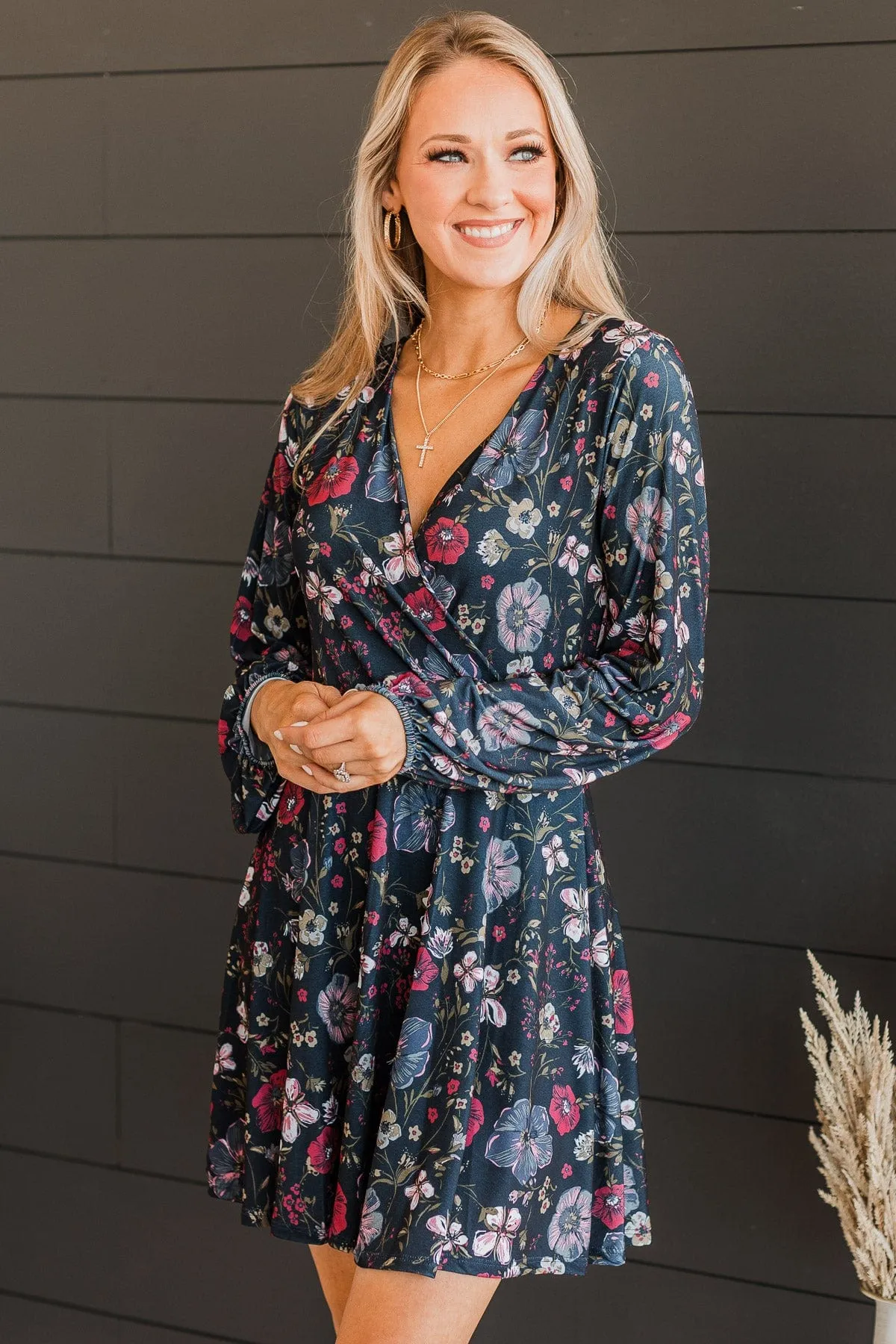 Living Easy Long Sleeve Floral Dress- Navy