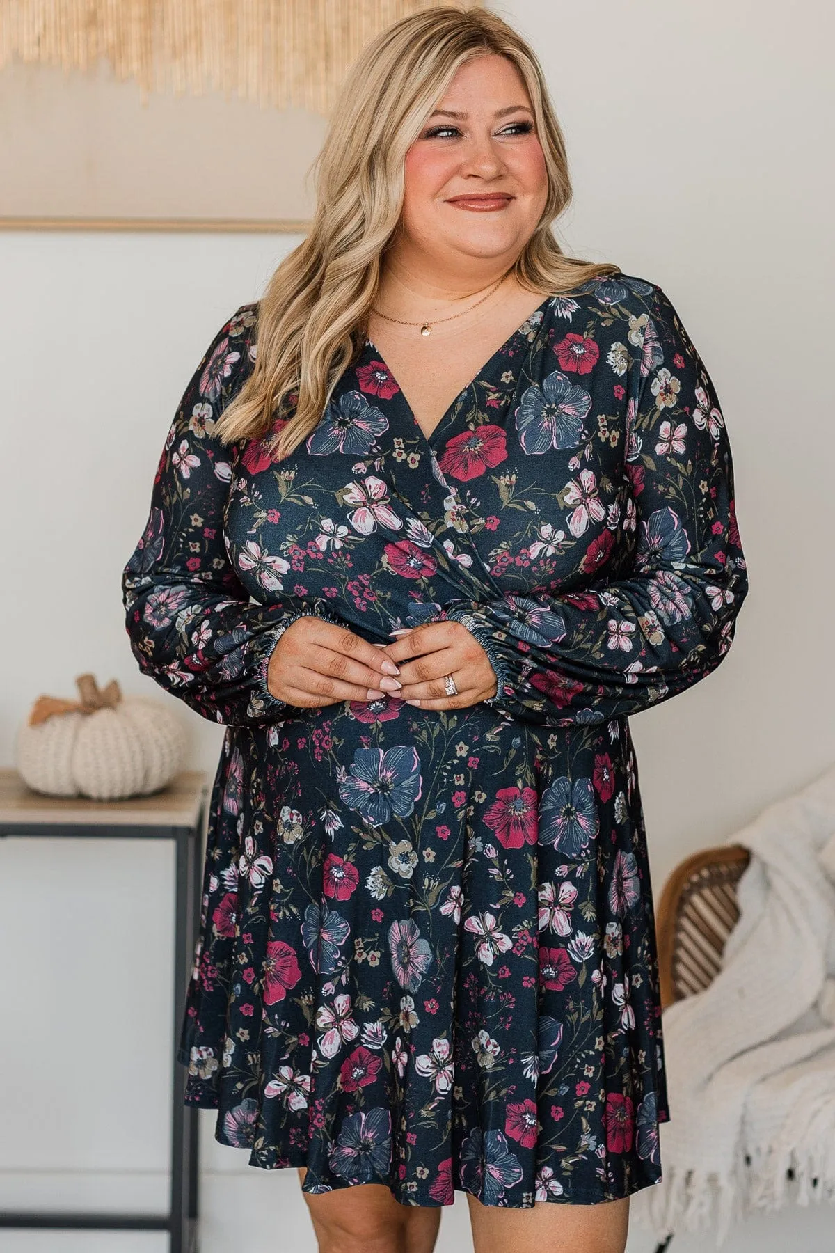 Living Easy Long Sleeve Floral Dress- Navy
