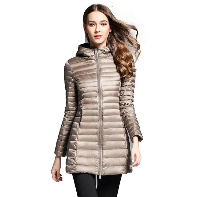 Long Down Jacket Women Winter Down Coats Ultra Light Down Jacket Quilted Hooded Coat Women Duck Downs Jacket Coat