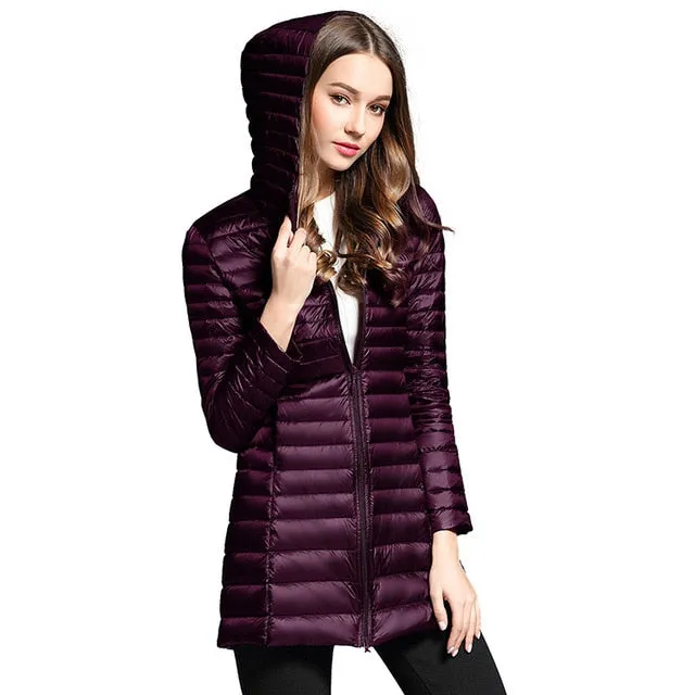 Long Down Jacket Women Winter Down Coats Ultra Light Down Jacket Quilted Hooded Coat Women Duck Downs Jacket Coat