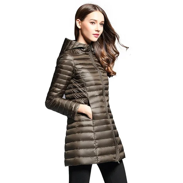 Long Down Jacket Women Winter Down Coats Ultra Light Down Jacket Quilted Hooded Coat Women Duck Downs Jacket Coat