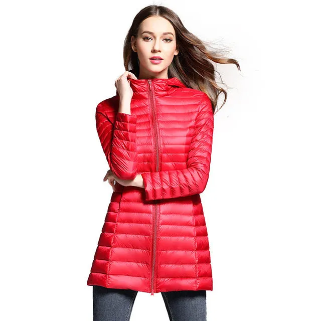 Long Down Jacket Women Winter Down Coats Ultra Light Down Jacket Quilted Hooded Coat Women Duck Downs Jacket Coat
