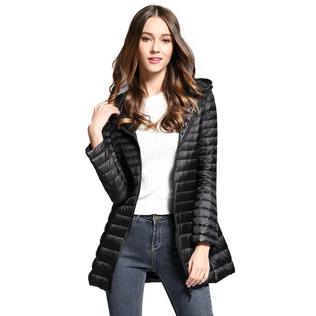 Long Down Jacket Women Winter Down Coats Ultra Light Down Jacket Quilted Hooded Coat Women Duck Downs Jacket Coat
