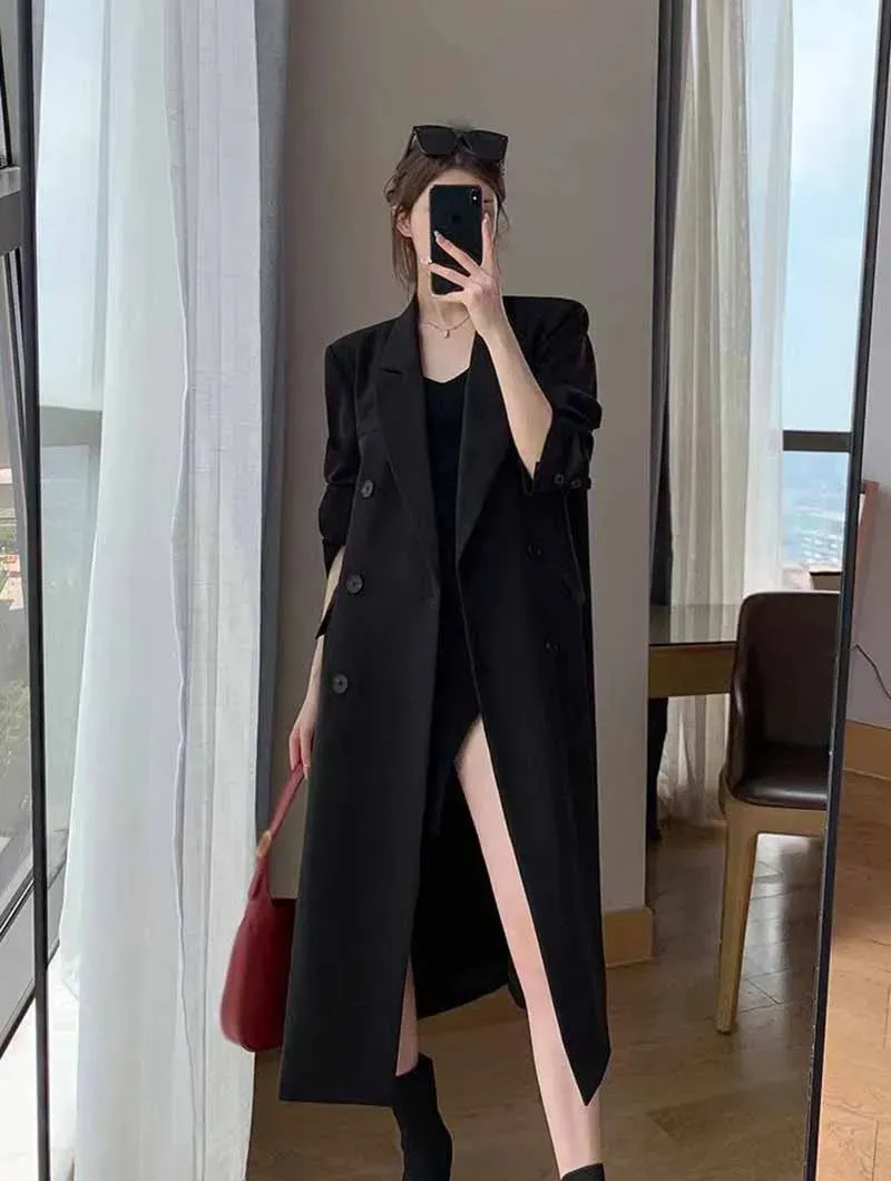 Lucyever Korean Style Chic Office Lady Long Blazers Elegant Double Breasted Blazer Jacket Women Fashion Streetwear Trench Coat