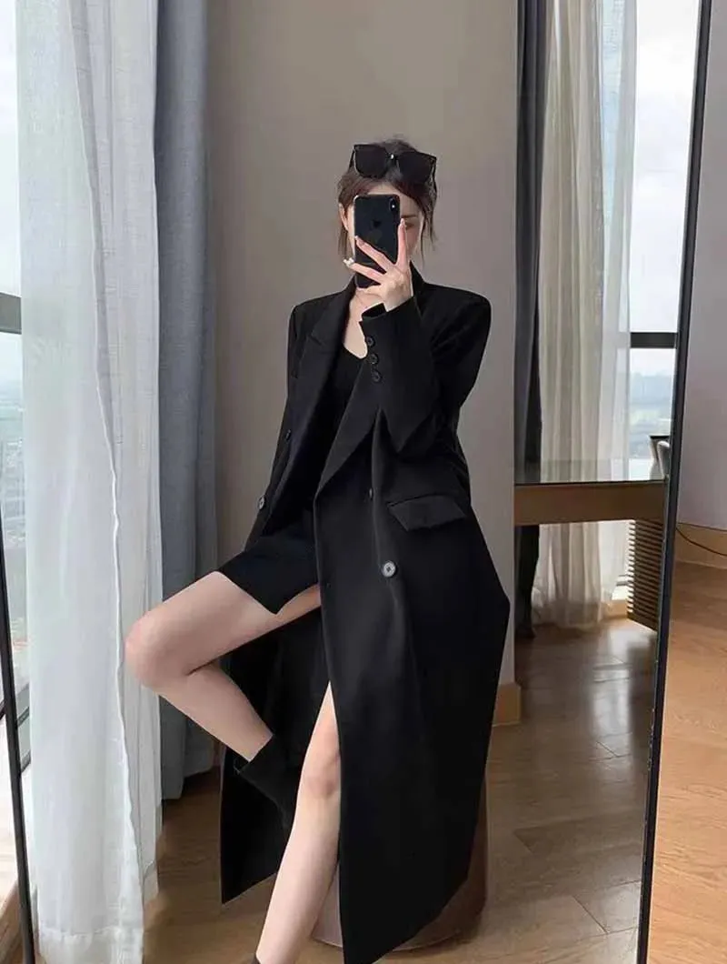 Lucyever Korean Style Chic Office Lady Long Blazers Elegant Double Breasted Blazer Jacket Women Fashion Streetwear Trench Coat