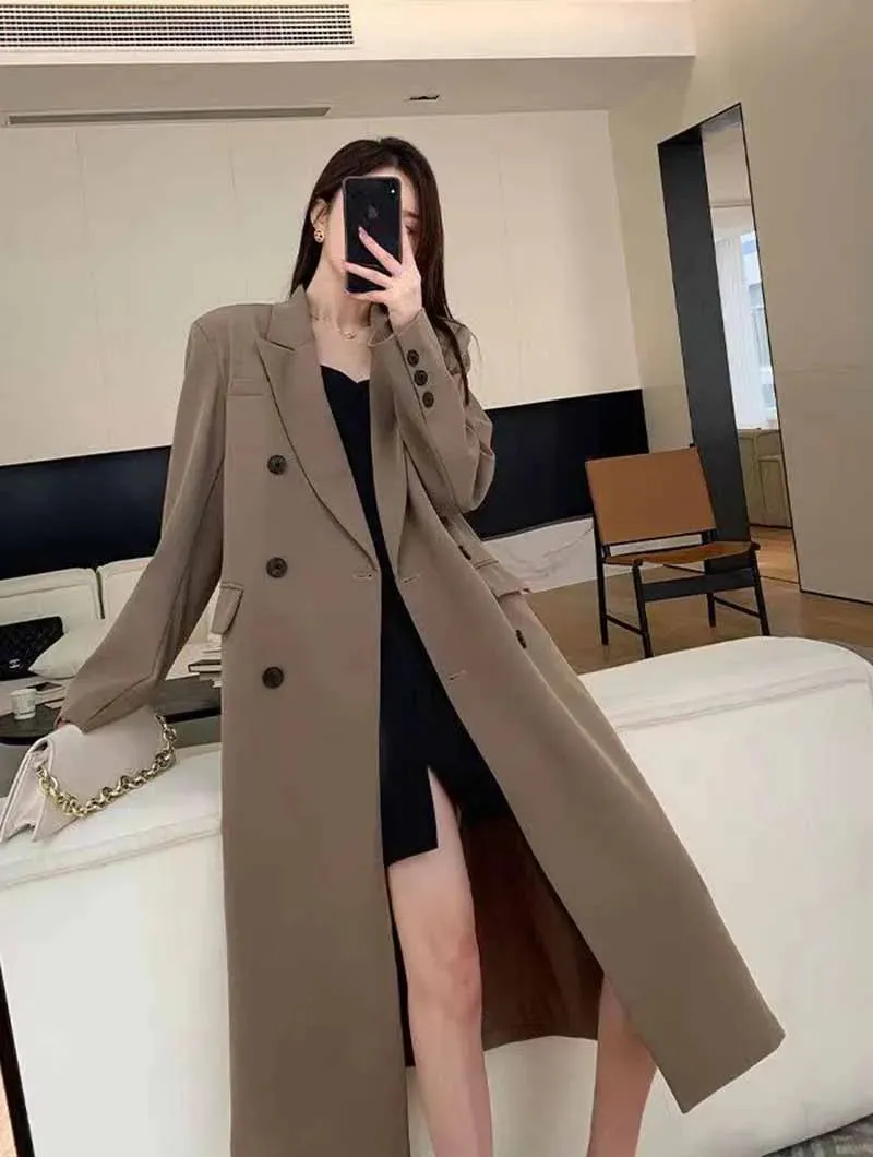 Lucyever Korean Style Chic Office Lady Long Blazers Elegant Double Breasted Blazer Jacket Women Fashion Streetwear Trench Coat