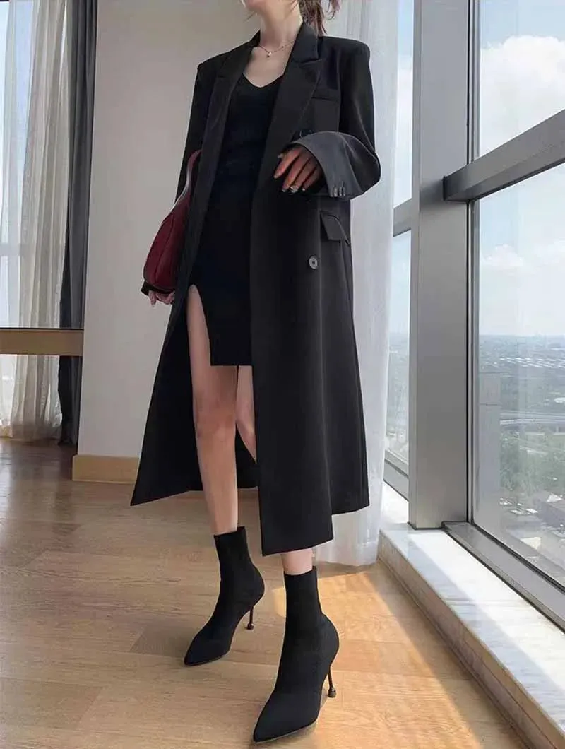 Lucyever Korean Style Chic Office Lady Long Blazers Elegant Double Breasted Blazer Jacket Women Fashion Streetwear Trench Coat
