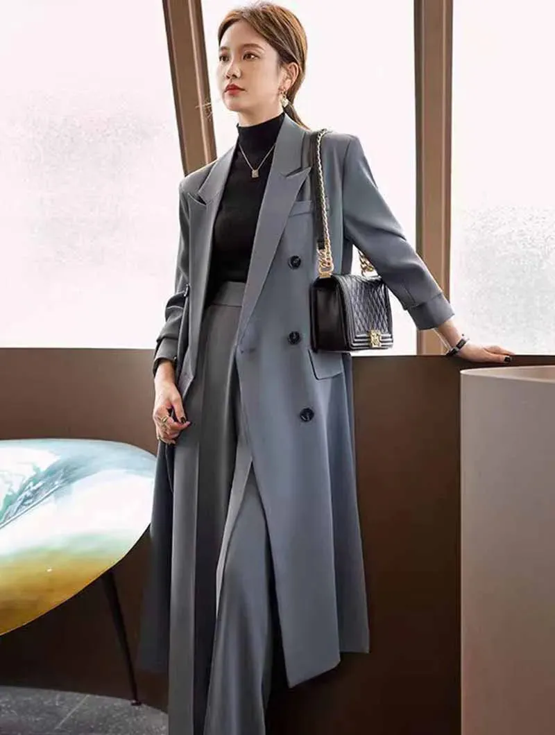 Lucyever Korean Style Chic Office Lady Long Blazers Elegant Double Breasted Blazer Jacket Women Fashion Streetwear Trench Coat