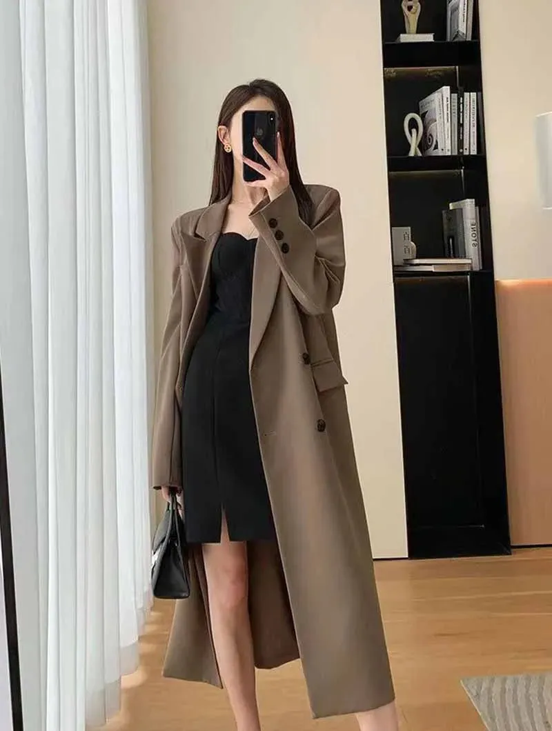 Lucyever Korean Style Chic Office Lady Long Blazers Elegant Double Breasted Blazer Jacket Women Fashion Streetwear Trench Coat