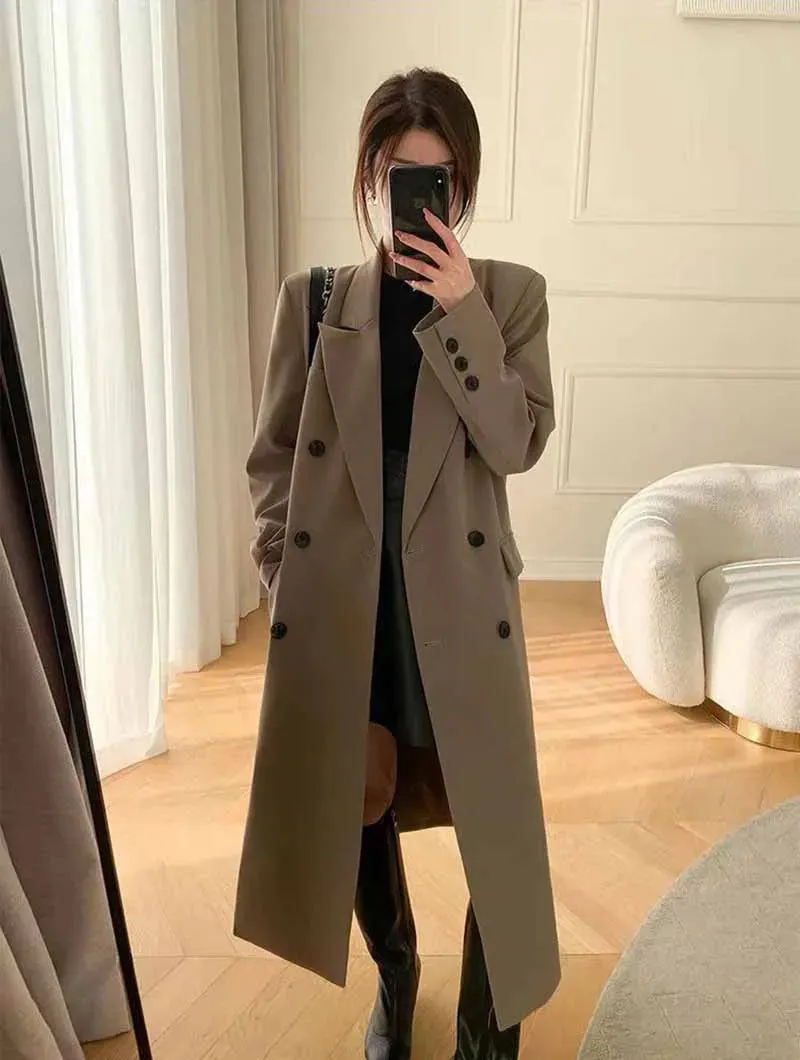 Lucyever Korean Style Chic Office Lady Long Blazers Elegant Double Breasted Blazer Jacket Women Fashion Streetwear Trench Coat