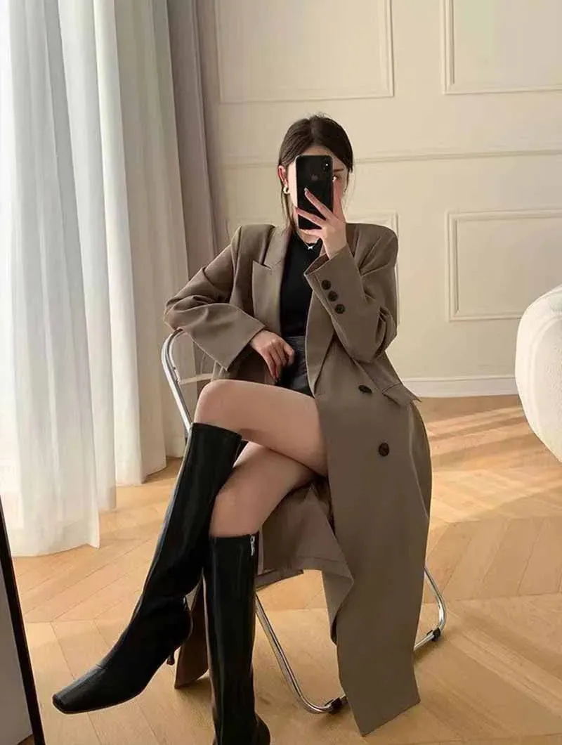 Lucyever Korean Style Chic Office Lady Long Blazers Elegant Double Breasted Blazer Jacket Women Fashion Streetwear Trench Coat