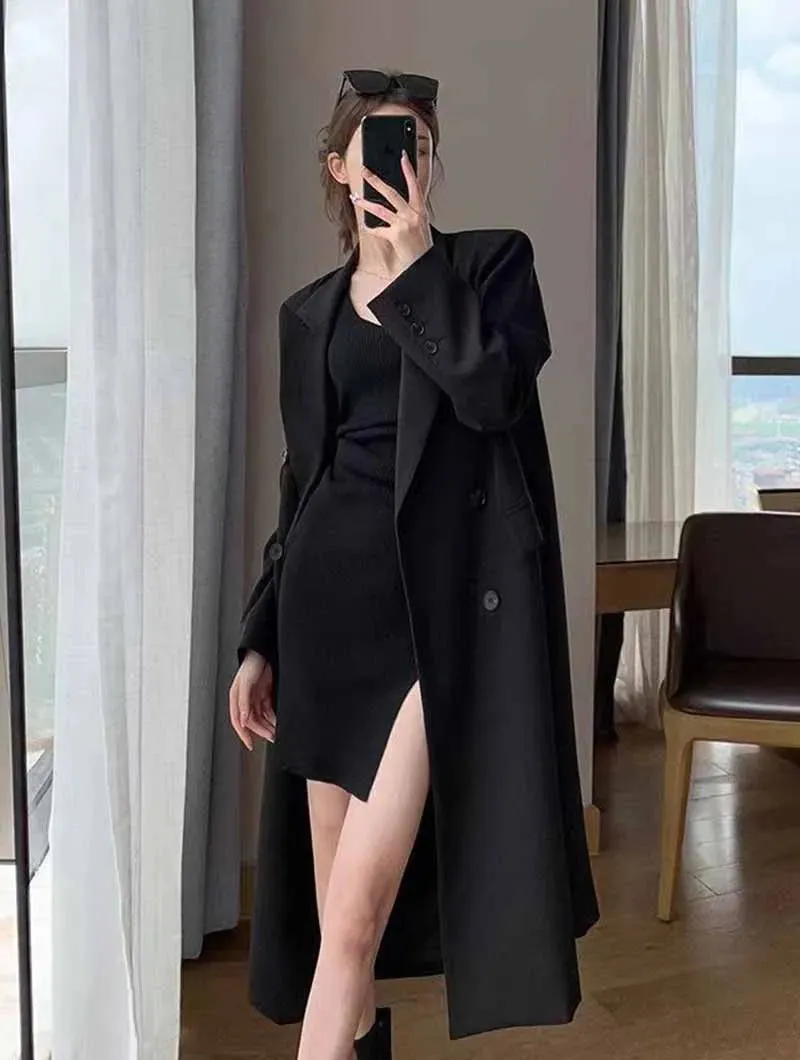 Lucyever Korean Style Chic Office Lady Long Blazers Elegant Double Breasted Blazer Jacket Women Fashion Streetwear Trench Coat