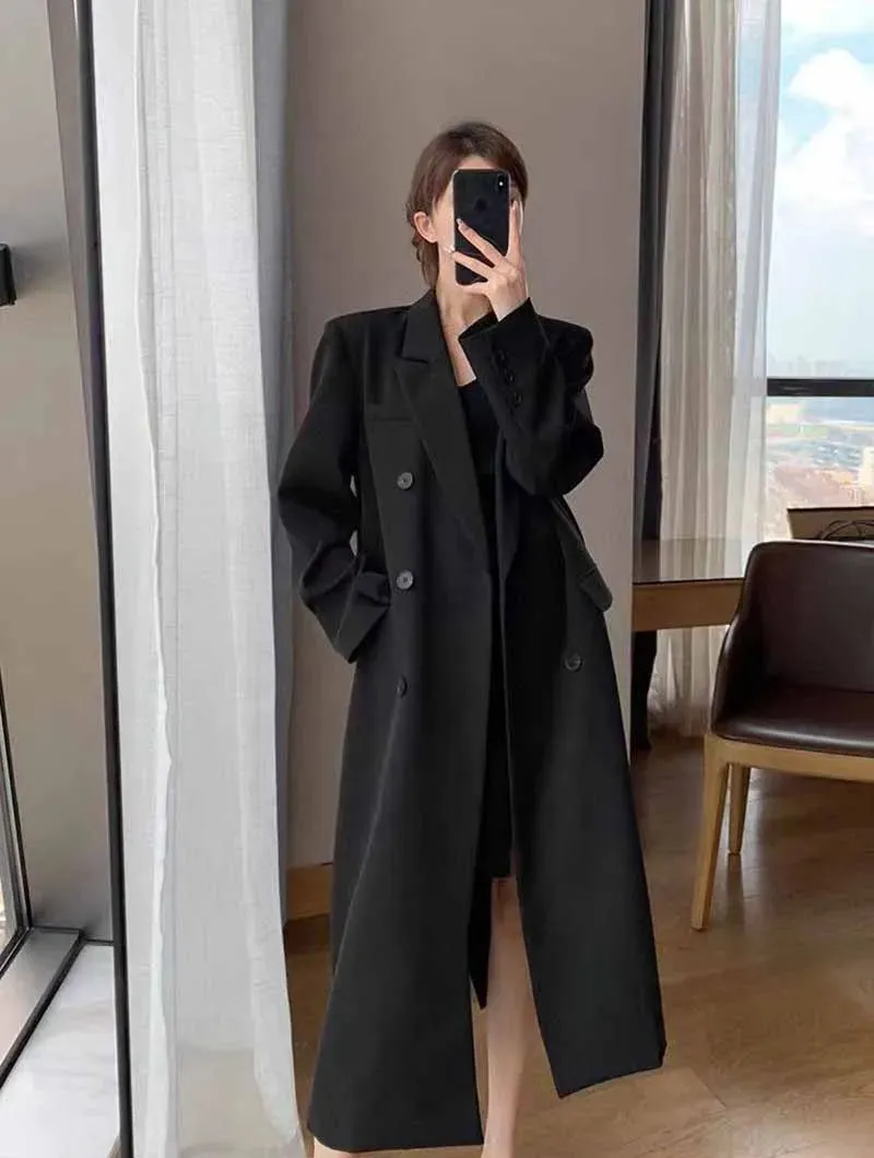 Lucyever Korean Style Chic Office Lady Long Blazers Elegant Double Breasted Blazer Jacket Women Fashion Streetwear Trench Coat