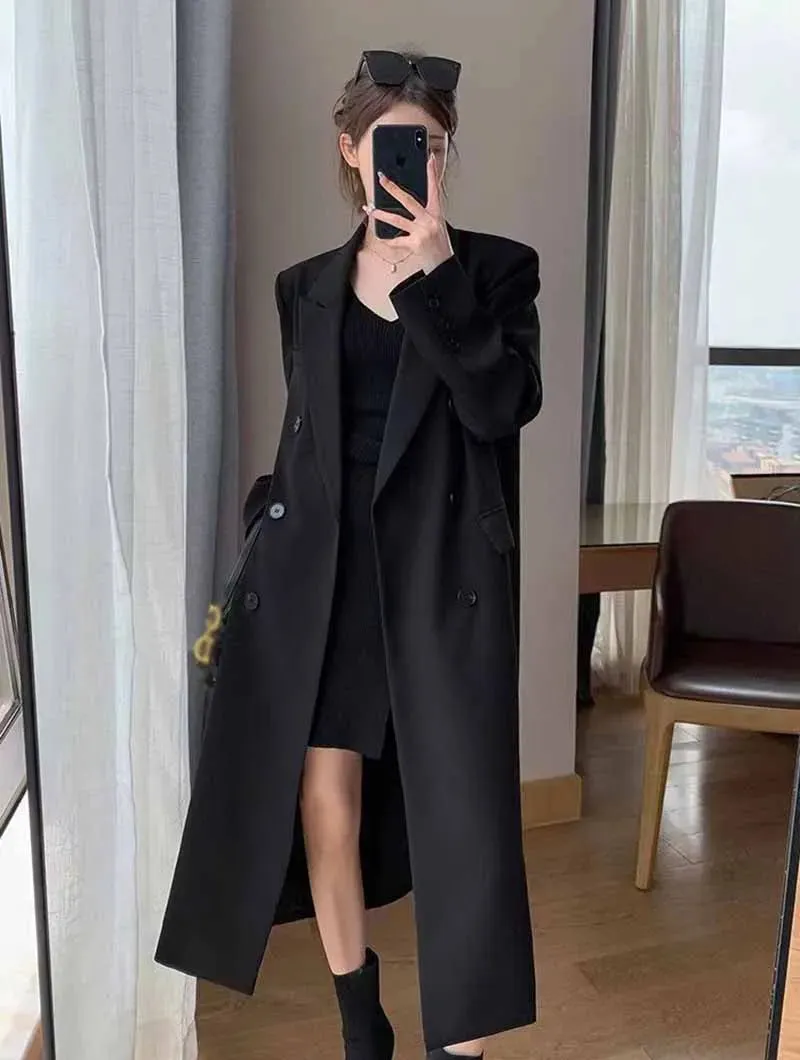 Lucyever Korean Style Chic Office Lady Long Blazers Elegant Double Breasted Blazer Jacket Women Fashion Streetwear Trench Coat