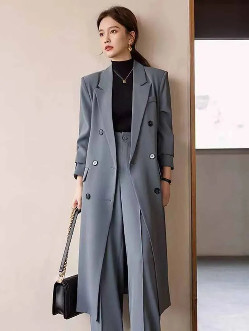 Lucyever Korean Style Chic Office Lady Long Blazers Elegant Double Breasted Blazer Jacket Women Fashion Streetwear Trench Coat